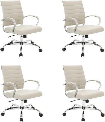 LeisureMod Benmar Leather Office Desk Chair, Mid-Back Ergonomic Swivel Chair with Lumbar Support, Adjustable Height, Tilt Lock, Cushioned Seat & Back, Home Office Task Chair (Tan, Set of 4)