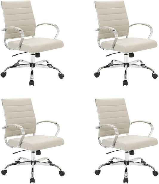 LeisureMod Benmar Leather Office Desk Chair, Mid-Back Ergonomic Swivel Chair with Lumbar Support, Adjustable Height, Tilt Lock, Cushioned Seat & Back, Home Office Task Chair (Tan, Set of 4)