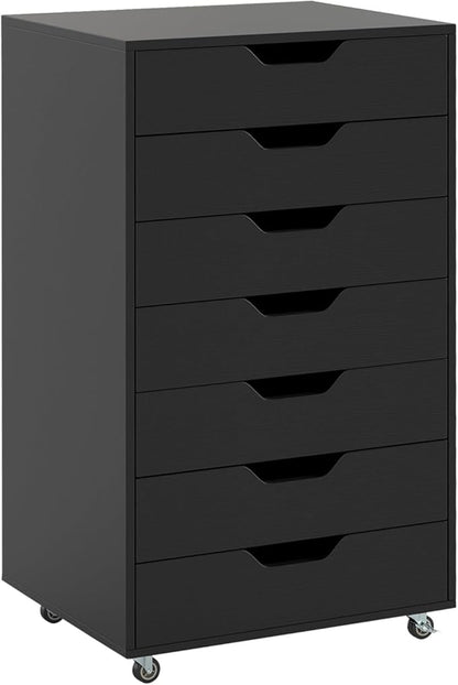 7 Drawer File Cabinet, 34.5" Vertical Storage Drawer Cart, Under Desk Office Organizer, Wooden Printer Stand, Rolling Filing Cabinet for Home Office (Black)