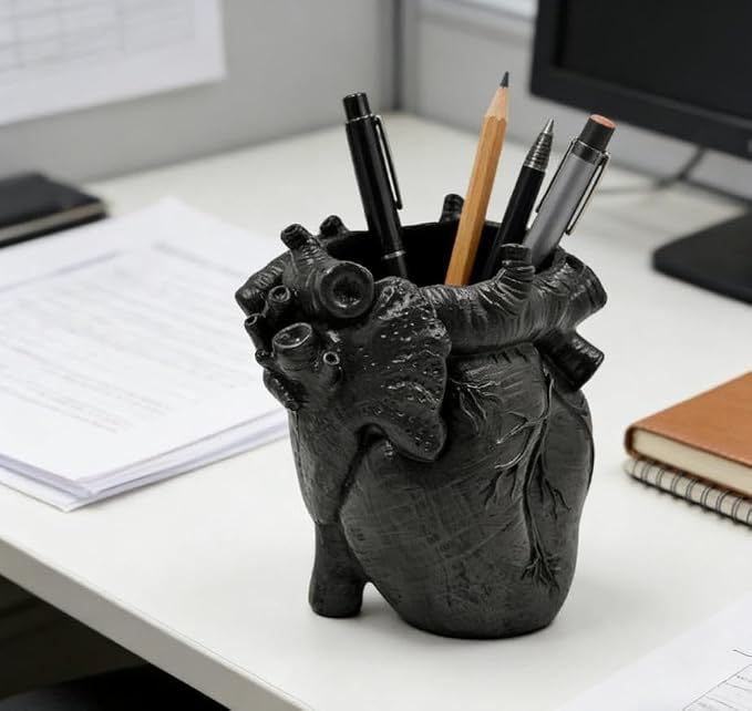 Heart-Shaped Pen Holder, 4.3" x 3.74" Human Heart Organ Shape Pen Holder, Gothic Makeup Brush Holder, 3D Realistic Hearts Anatomy Model for Makeup Brushes Pens,Desk Accessories (Black)