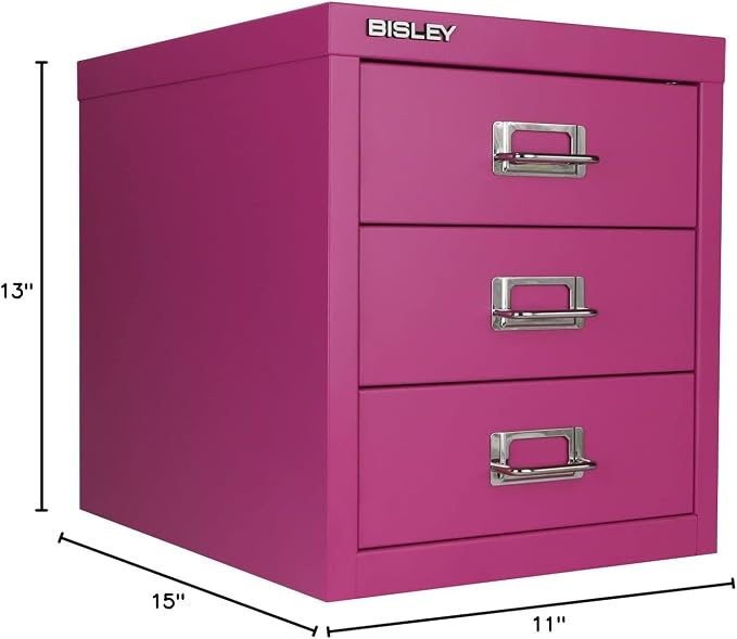 Bisley 3-Drawer Steel MultiDrawer Cabinet - Fuchsia | Chrome Pull Handles with Label Holders, Powder-Coated Steel, Removable Drawers, Desktop Storage, Labels Included