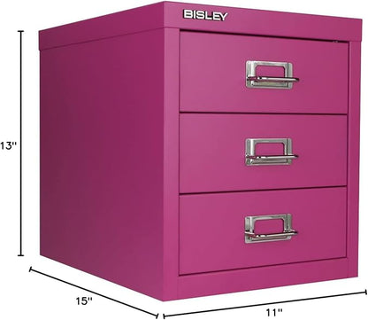Bisley 3-Drawer Steel MultiDrawer Cabinet - Fuchsia | Chrome Pull Handles with Label Holders, Powder-Coated Steel, Removable Drawers, Desktop Storage, Labels Included