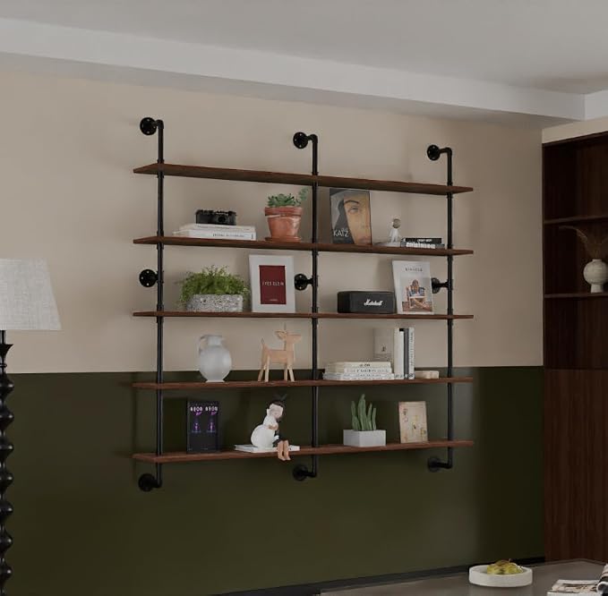 HDDFER Industrial Pipe Shelf Shelving Bookcase, Wall Mounted Rustic Bookshelf 60 Inch, Floating Bookshelves for Wall,Retro Wood Metal Pipe Industrial Shelves for Living Room
