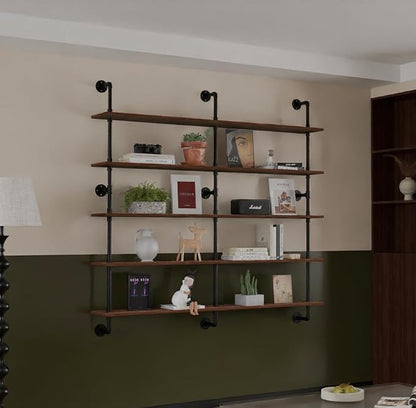 HDDFER Industrial Pipe Shelf Shelving Bookcase, Wall Mounted Rustic Bookshelf 60 Inch, Floating Bookshelves for Wall,Retro Wood Metal Pipe Industrial Shelves for Living Room