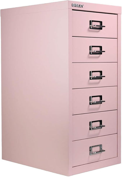 Bisley 6-Drawer Steel MultiDrawer Cabinet - Palest Pink | Chrome Pull Handles with Label Holders, Powder-Coated Steel, Removable Drawers, Fits Under Most Desks, Labels Included