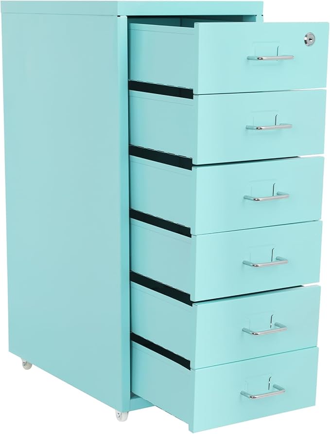 Vertical File Cabinet, 6 Drawers Rolling File Organizer Cabinets with Lock, Heavy Duty Metal Storage Cabinet, Movable Under Desk Filing Cabinet for Office, Study, Dresser (Blue)