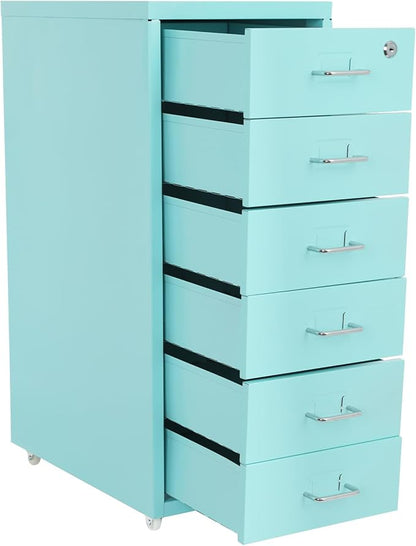 Vertical File Cabinet, 6 Drawers Rolling File Organizer Cabinets with Lock, Heavy Duty Metal Storage Cabinet, Movable Under Desk Filing Cabinet for Office, Study, Dresser (Blue)