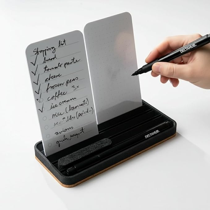 DeltaHub Reusable To-Do List for Desk - Dry Erase Daily Planner with 2 Cards, Marker & Eraser - Minimalist Desktop Organizer for Office, Work from Home - Analog Productivity Tool (Black)