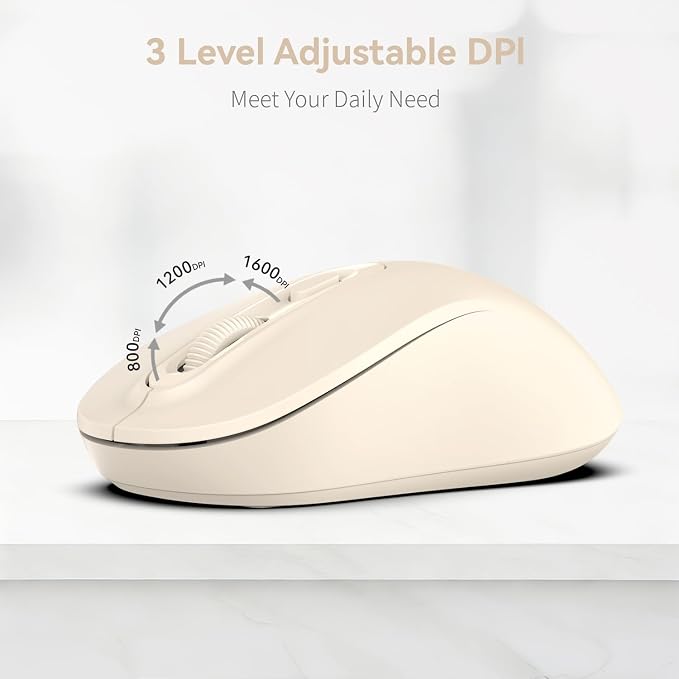 Wireless Mouse, 2026 New Model, Silent Click Ergonomic Design, Portable, 4 Buttons, Adjustable DPI (800/1200/1600), for Laptop/PC/Office (Beige)