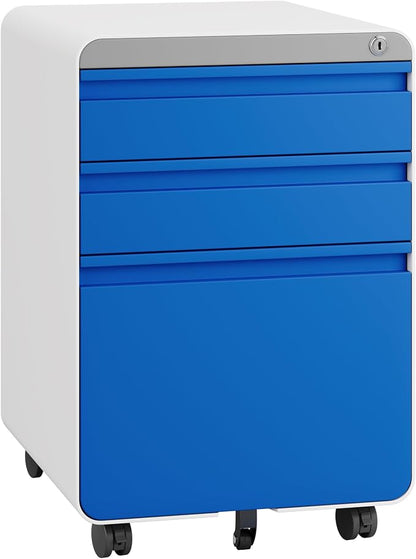 Dripex 3 Drawer Blue File Cabinet, Mobile Under Desk Storage File Cabinet with Lock on Wheels, Letter/Legal Size, Fully Assembled, Small Short Vertical Metal Rolling Filing Cabinets for Home Office
