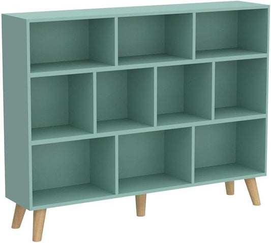 IOTXY Wooden Open Shelf Bookcase - 3-Tier Floor Standing Display Cabinet Rack with Legs, 10 Cubes Bookshelf, Tiffany-Green