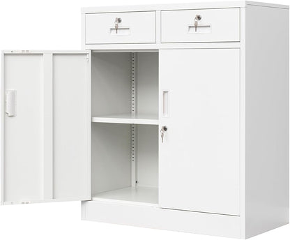 Wanfu Metal Storage Cabinet, Locking Storage Cabinet with Adjustable Shelf, 36" H Metal Cabinets with 2 Drawers for Office, Garage, Home-White