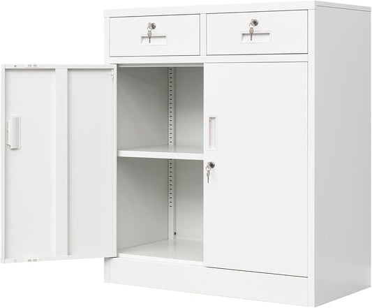 Wanfu Metal Storage Cabinet, Locking Storage Cabinet with Adjustable Shelf, 36" H Metal Cabinets with 2 Drawers for Office, Garage, Home-White