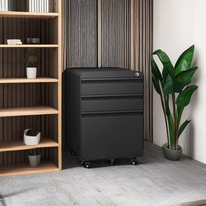 Dripex 3 Drawer Black File Cabinet, Mobile Under Desk Storage File Cabinet with Lock on Wheels, Letter/Legal Size,Fully Assembled, Small Short Vertical Metal Rolling Filing Cabinets for Home Office