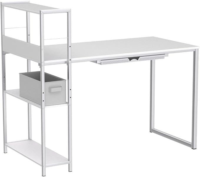 SHW 46-Inch Home Office Mission Computer Desk with Side Shelf and Drawer, White