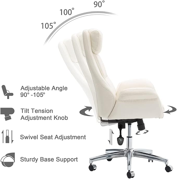 Glitzhome Modern Executive Home High-Back Office Chair - Leather Adjustable Swivel Desk Chair with Armrest(Cream)