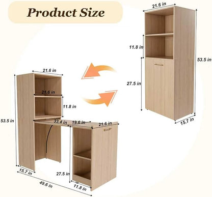 Runboll Expandable and Foldable L Shaped Desk, Mobile Computer Desk with Storage Shelves & Lockable Wheels, Compact Rolling Workstation for Small Space Home Office, Natural