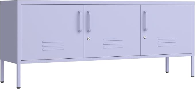 Purple TV Media Stand for 100" TV, 3 Door Metal Accent Cabinet with Removable Shelves, Steel Storage Locker for Living Room Bedroom, Lockable Door, 22" H X 47.3" W X 13.8" D