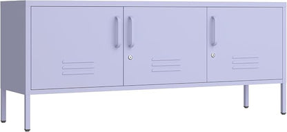 Purple TV Media Stand for 100" TV, 3 Door Metal Accent Cabinet with Removable Shelves, Steel Storage Locker for Living Room Bedroom, Lockable Door, 22" H X 47.3" W X 13.8" D