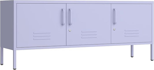 Purple TV Media Stand for 100" TV, 3 Door Metal Accent Cabinet with Removable Shelves, Steel Storage Locker for Living Room Bedroom, Lockable Door, 22" H X 47.3" W X 13.8" D
