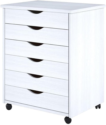 Pemberly Row Modern Solid Wood 6-Drawer Utility Cart, Compact Design, White Finish, L 15.35 x W 20.75 x H 25.43 in, Smooth Casters, Versatile Storage for Home Office, Studio, Craft Room