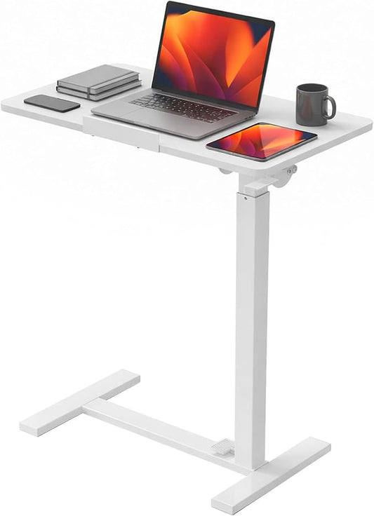 DUMOS Standing Desk on Wheels Height Adjustable Computer Cart with Pneumatic Lift, Rolling Table, Portable Workstation for Bed, Sofa, Hospital or Office White
