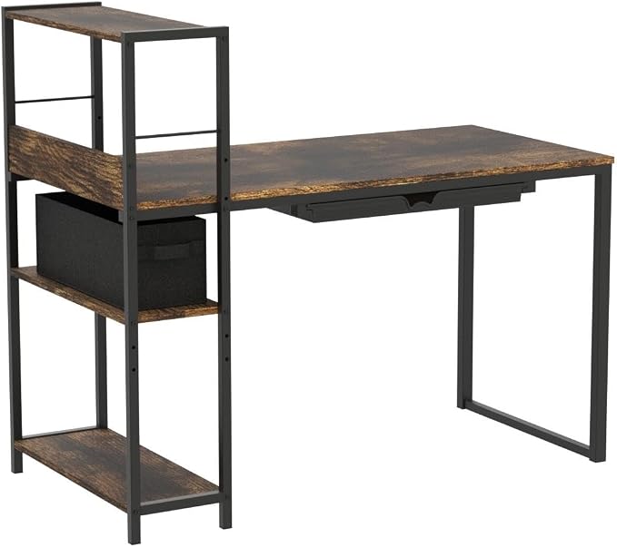 SHW 46-Inch Home Office Mission Computer Desk with Side Shelf and Drawer, Rustic Brown