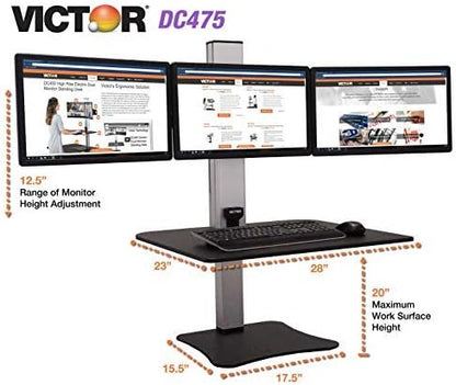 Victor DC475 High Rise Electric Triple Monitor Standing Desk Converter | Three Large Monitor Sit-Stand Desk | 28” Wide Work Surface | Compatible with Any Standard Desk | Adjustable Monitor Holder