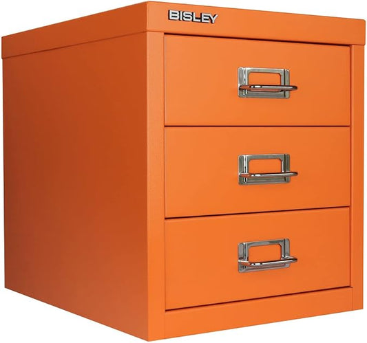 3-Drawer Steel MultiDrawer Cabinet - Orange, by Bisley | Chrome Pull Handles with Label Holders, Powder-Coated Steel, Removable Drawers, Desktop Storage, Labels Included