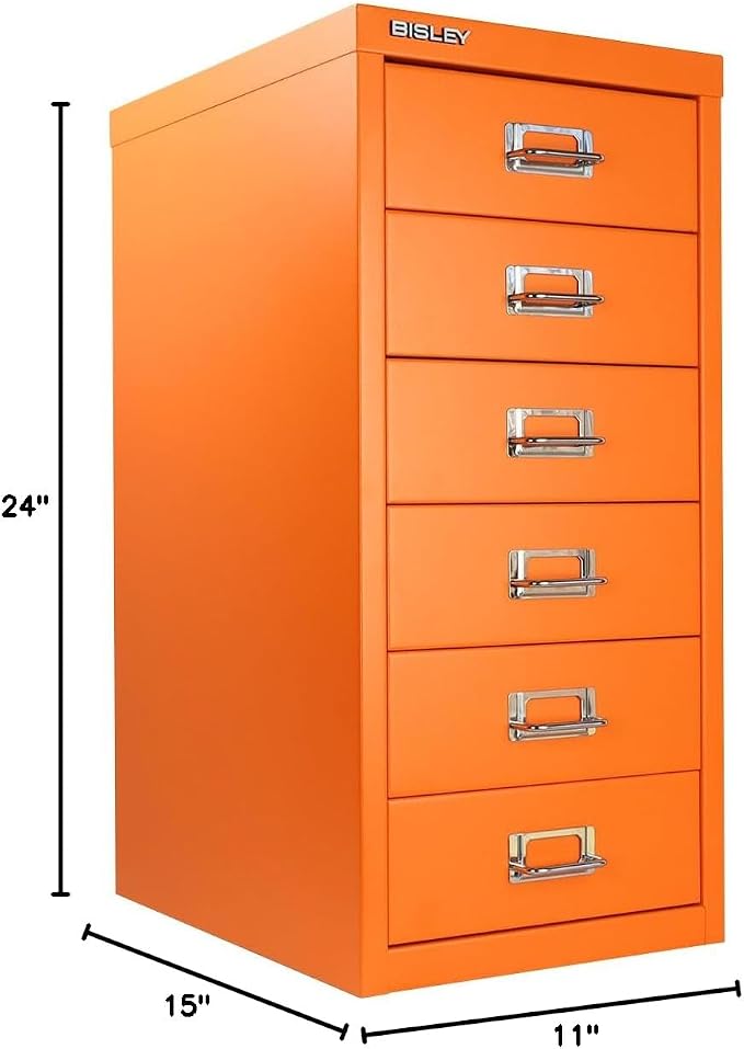6-Drawer Steel MultiDrawer Cabinet - Orange, by Bisley | Chrome Pull Handles with Label Holders, Powder-Coated Steel, Removable Drawers, Fits Under Most Desks, Labels Included