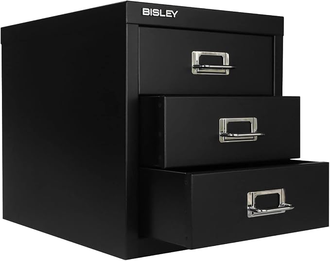 Bisley 3-Drawer Steel MultiDrawer Cabinet - Black | Chrome Pull Handles with Label Holders, Powder-Coated Steel, Removable Drawers, Desktop Storage, Labels Included