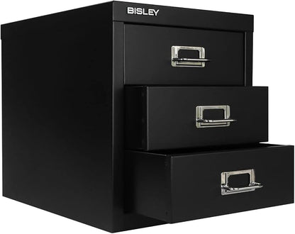Bisley 3-Drawer Steel MultiDrawer Cabinet - Black | Chrome Pull Handles with Label Holders, Powder-Coated Steel, Removable Drawers, Desktop Storage, Labels Included