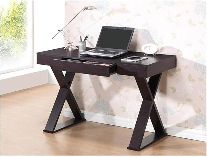 Pemberly Row Writing Desk with Drawer, Espresso Finish, Heavy-Duty Particle Board, Moisture Resistant Laminate, Geometric X-Shaped Legs, Ultra Modern Style, Compact Workspace Furniture for Home or