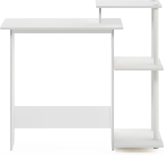 Furinno Efficient 29-Inch White Computer Desk with Side Shelves, Gaming Desk with 3 Open Shelves, Home Office Desk, for Home Office, Study Room, Dorm, Bedroom, Plain White