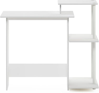 Furinno Efficient 29-Inch White Computer Desk with Side Shelves, Gaming Desk with 3 Open Shelves, Home Office Desk, for Home Office, Study Room, Dorm, Bedroom, Plain White