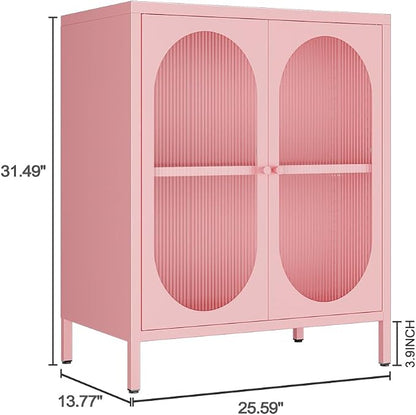 2 Translucent Door Metal Accent Storage Cabinet for Home, Living Room, Office Room,Kitchen-Metal Locker Cabinet with 1 Adjustable Shelves-2-Tier (Pink)