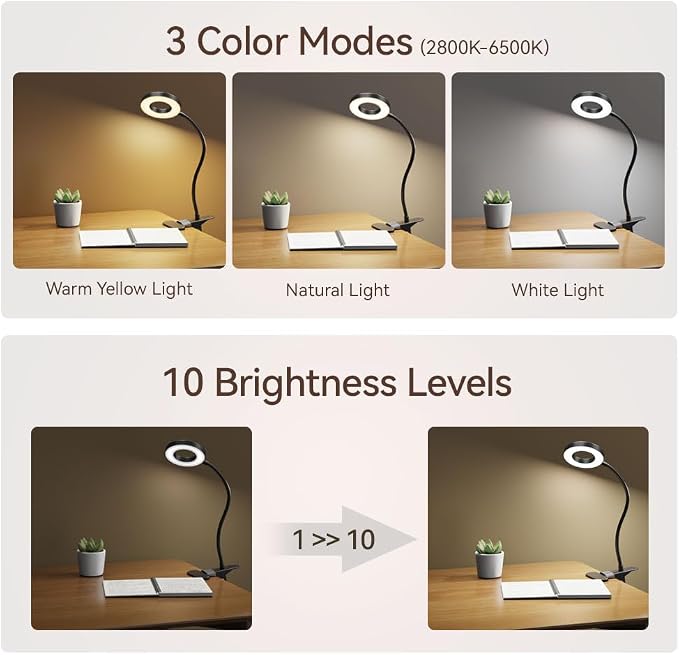LED Desk Lamp Clip on Light with 3 Color Modes 10 Brightness Ring/Clamp Light 360° Adjustable Neck Dimmable Eye Protection Desk Lamps for Home Office