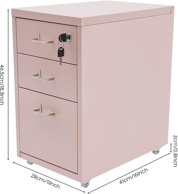Pink File Cabinet, 3 Drawer File Cabinet with Lock, Metal Mobile Vertical Pink Desk Organizer, Rolling Cabinet with Lock and Wheels Under Desk for Home Office