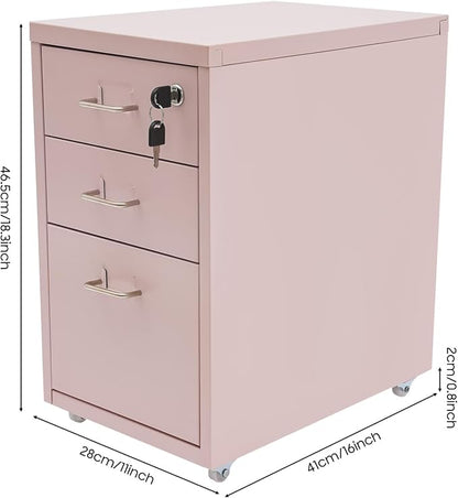 Pink File Cabinet, 3 Drawer File Cabinet with Lock, Metal Mobile Vertical Pink Desk Organizer, Rolling Cabinet with Lock and Wheels Under Desk for Home Office