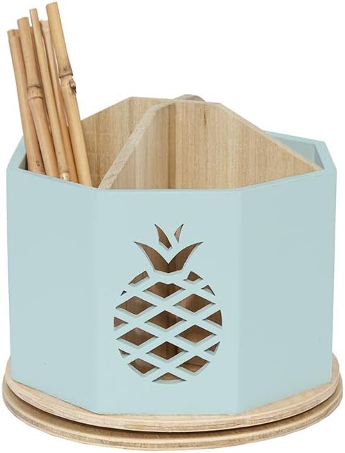 Spinning Desktop Stationary Organizer – Decorative Wooden Rotating Pen and Pencil Cup – Desk and Table Top Office Supplies Station - by Designstyles (Sky Blue Pineapple Cutout)