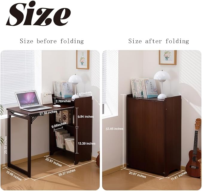 Folding Out Desk with Storage, Expandable Hidden Desk, Space-Saving Pull Out Murphy Table, Writing Table with Shelves and Mobile Wheels for Home Office, Bedroom Dorm Room Small Spaces (Walnut)