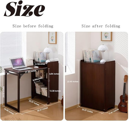Folding Out Desk with Storage, Expandable Hidden Desk, Space-Saving Pull Out Murphy Table, Writing Table with Shelves and Mobile Wheels for Home Office, Bedroom Dorm Room Small Spaces (Walnut)