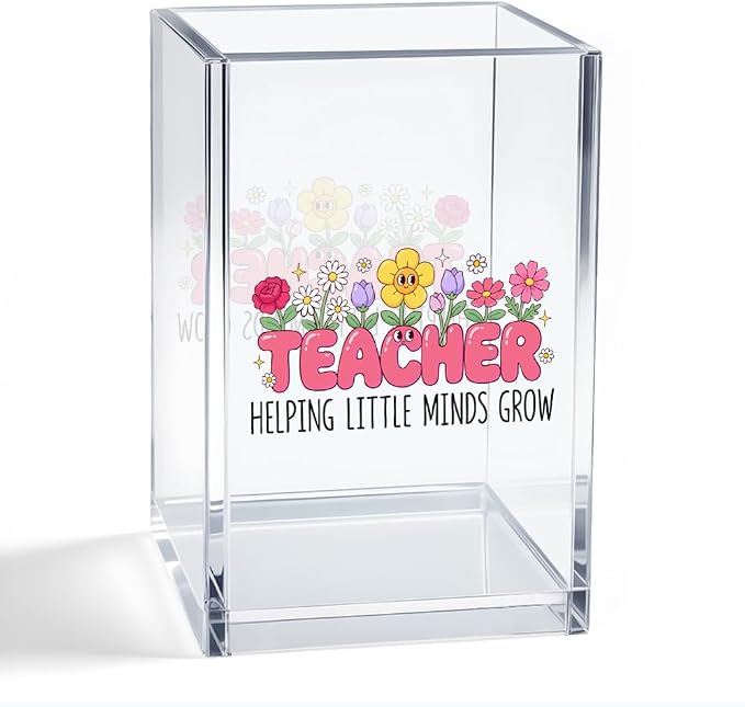 Teacher Helping Little Minds Grow Acrylic Organizer Pencil Pen Holder, Flower Acrylic Desk Organizer, Office Gifts for Teacher Educator Principal, Appreciation Thank You Gifts for Teachers