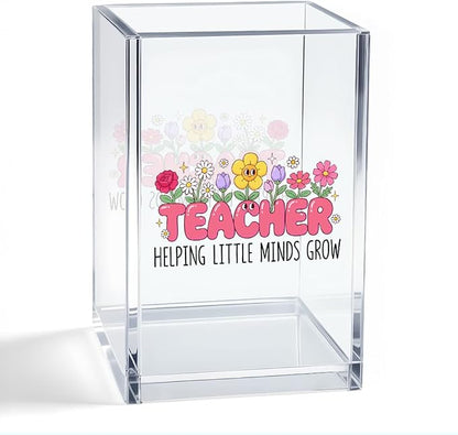 Teacher Helping Little Minds Grow Acrylic Organizer Pencil Pen Holder, Flower Acrylic Desk Organizer, Office Gifts for Teacher Educator Principal, Appreciation Thank You Gifts for Teachers