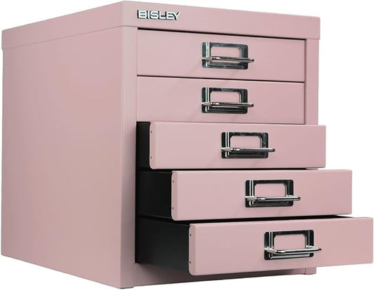 Bisley 5-Drawer Steel MultiDrawer Cabinet - Palest Pink | Chrome Pull Handles with Label Holders, Powder-Coated Steel, Removable Drawers, Desktop Storage, Labels Included