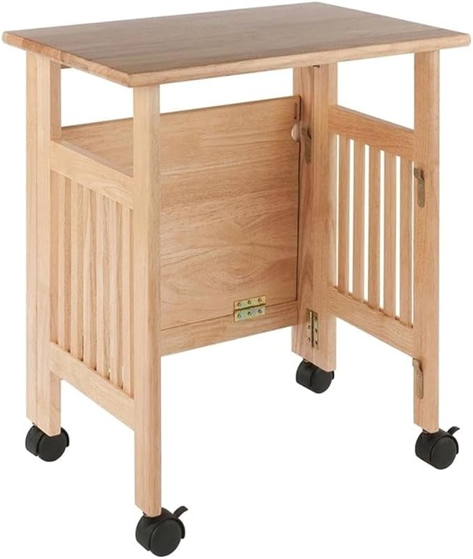 Pemberly Row Portable Foldable Printer Stand, Solid Wood Construction, Natural Finish, 27.17"H x 24.02"W x 16.22"D, Swivel Casters with Locking Wheels, Transitional Style Home Office or Kitchen Use