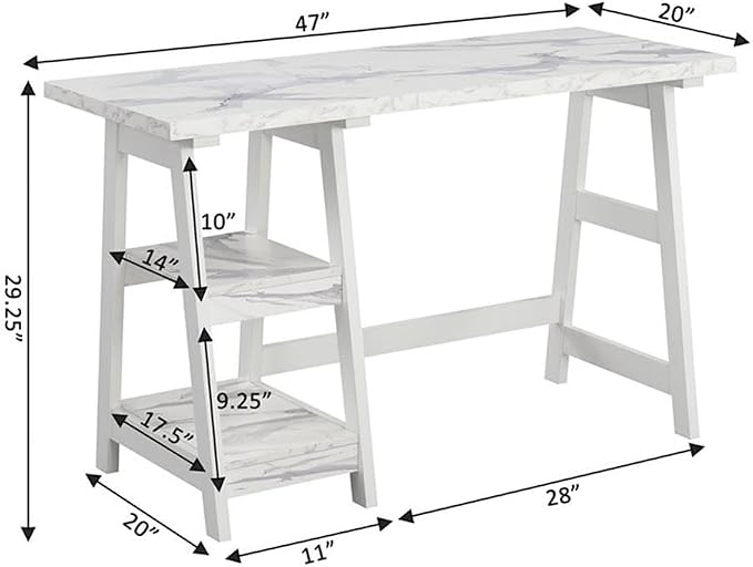 Convenience Concepts Designs2Go Trestle Desk 47" - Modern Desk or Vanity with Shelves, for Office, Dorm, Living Room, White Faux Marble/White