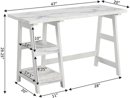 Convenience Concepts Designs2Go Trestle Desk 47" - Modern Desk or Vanity with Shelves, for Office, Dorm, Living Room, White Faux Marble/White