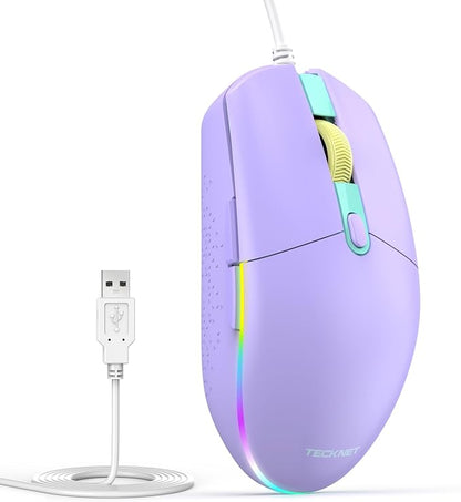 TECKNET Wired Mouse - USB Corded Mouse with RGB Backlit Full Size Optical Silent Mouse with Side Buttons,LED Plug and Play Wired Connection Office Mice for Desktop,PC,Laptop