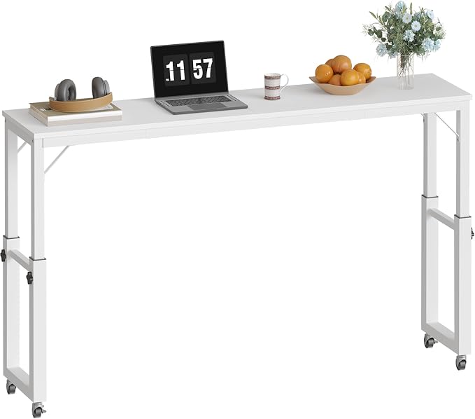 MAHANCRIS Overbed Table with Wheels, Mobile Bed Desk for Queen Size, 36"-43.5" Adjustable Height Rolling Table, Recliner Desk, Mobile Cross Bed for Bedroom, Living Room, Office, White MTWT18001